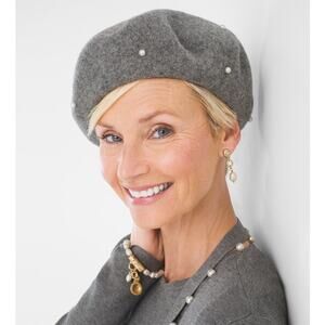 CHICO'S Wool Faux Pearl Beret Hat Women's One Size Gray Twee Retro Indie NWOT